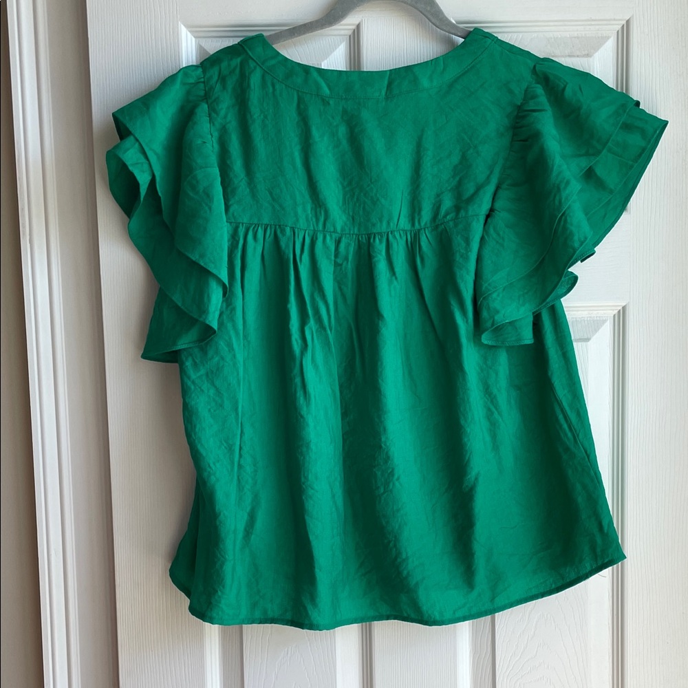 Jodifl Green Flutter Sleeve V-Neck Blouse S - Picture 3 of 3